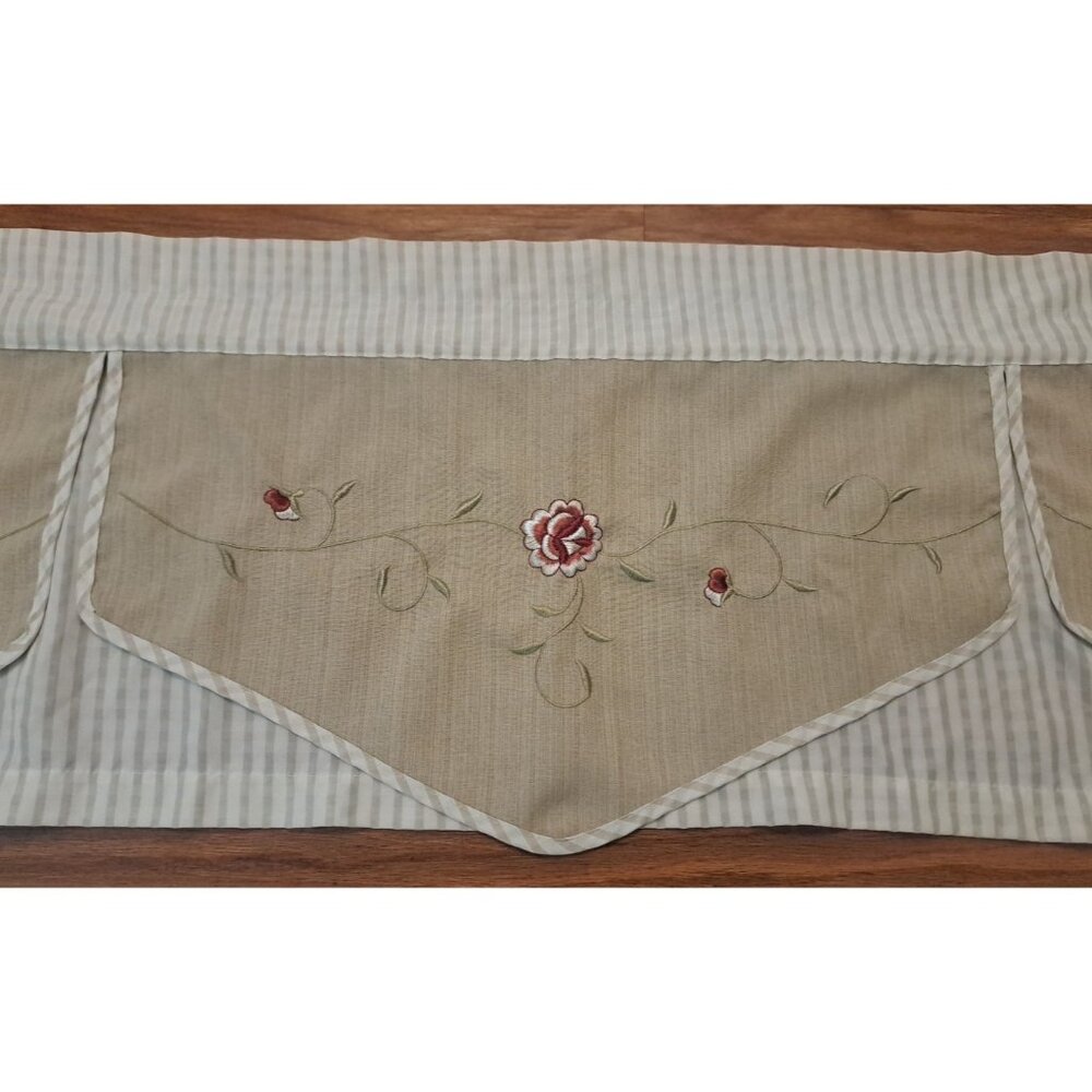Window Valance Beige Striped Applique Embroidered Floral Country Cottage 58x13